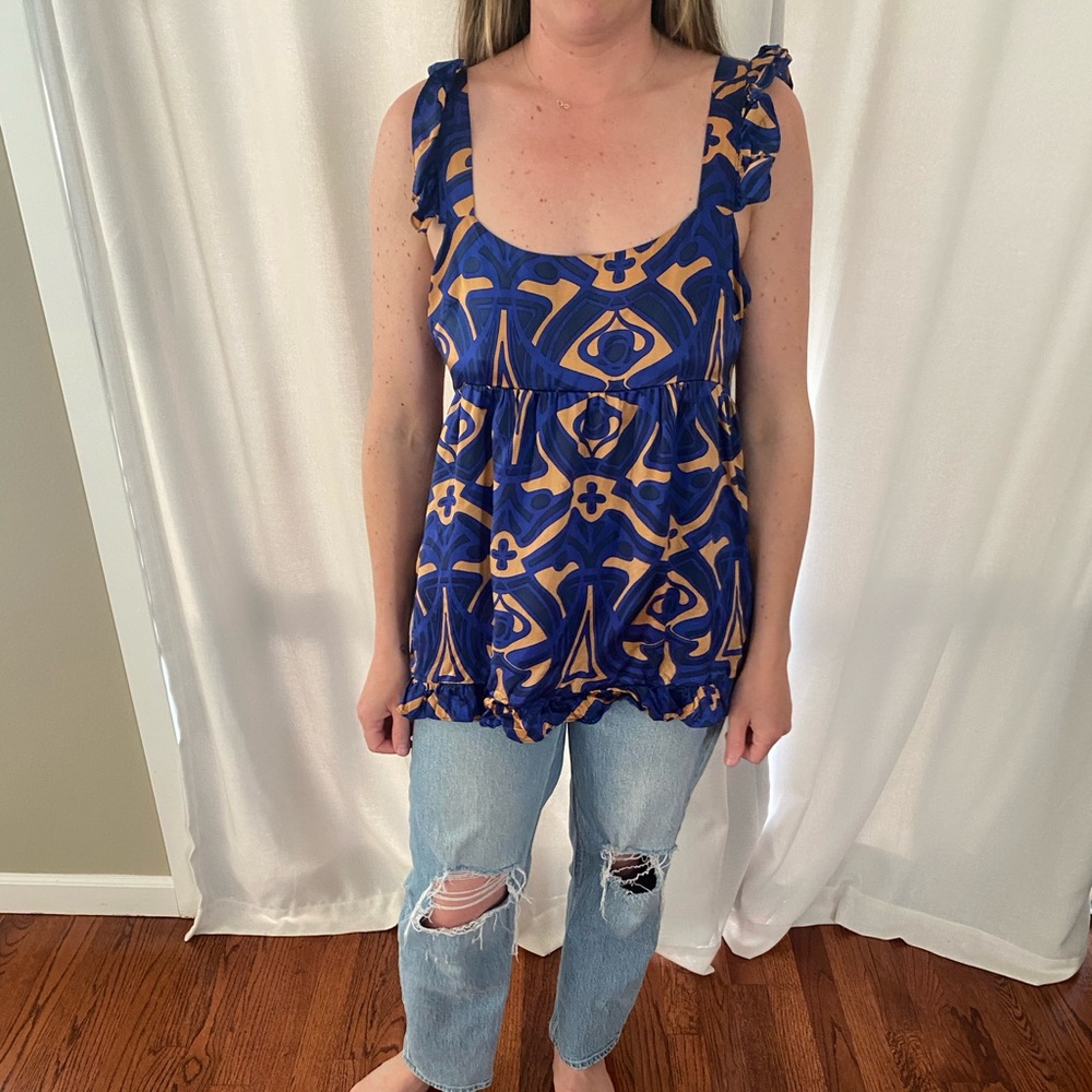 Blue and Tan Graphic Sleeveless Tank Top